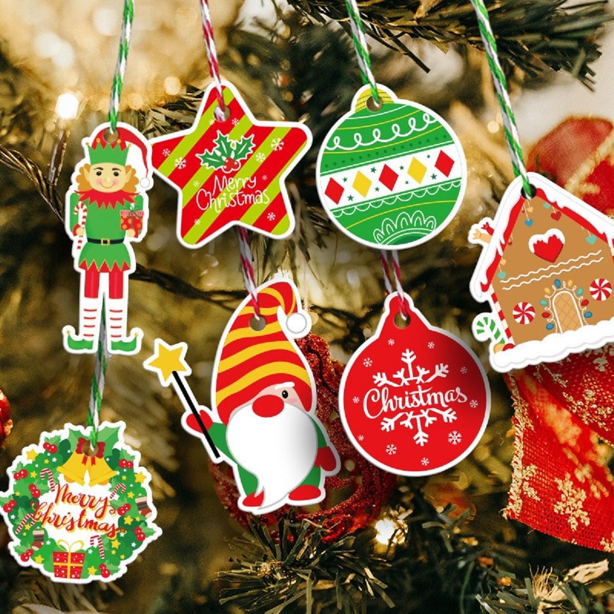 Christmas Tags 50 Pcs Set with String Colourful Gift Xmas Set Hanging Present Craft Labels Set 4