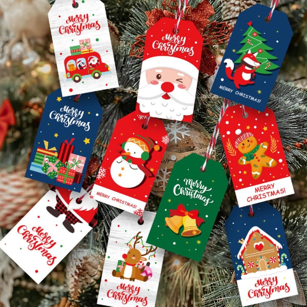 Christmas Tags 50 Pcs Set with String Fun Designs Gift Xmas Hanging Present Craft Labels Set 5