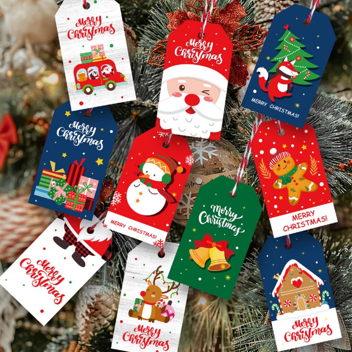 Christmas Tags 50 Pcs Set with String Fun Designs Gift Xmas Hanging Present Craft Labels Set 5