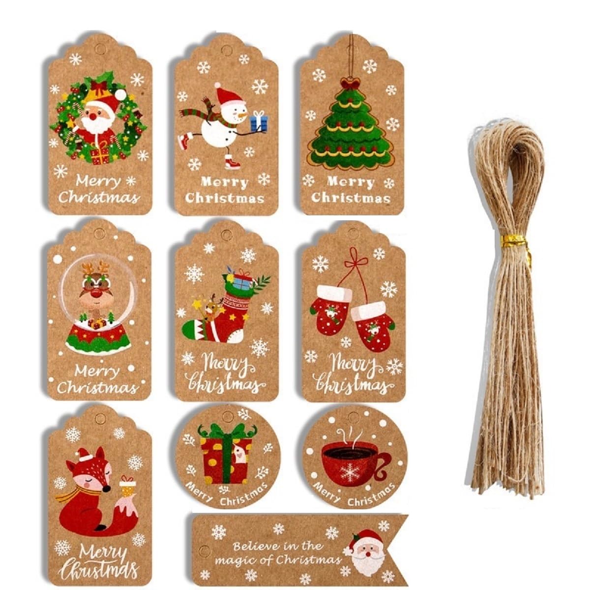Christmas Tags 50 Pcs Set with String Merry Christmas Gift Xmas Hanging Present Craft Labels Set 6