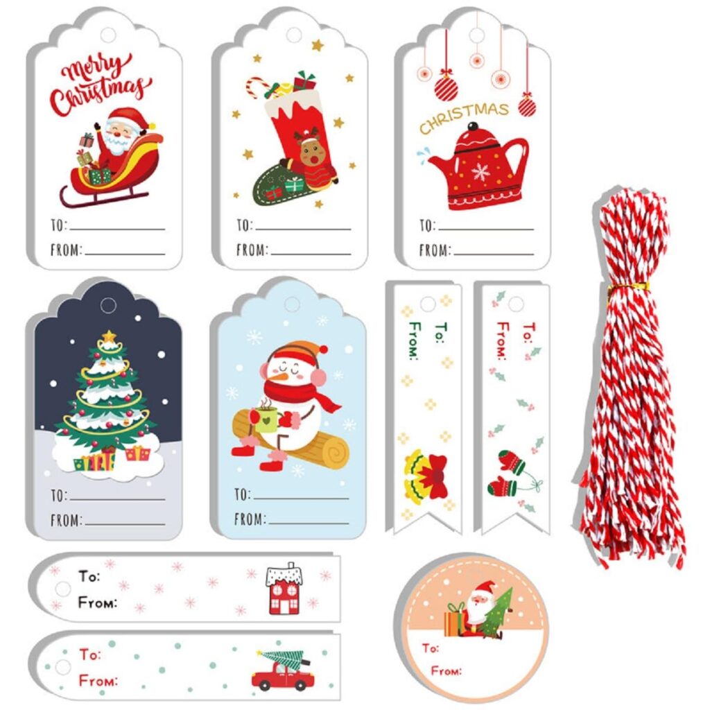 Christmas Tags 50 Pcs Set with String Cartoon Gift Xmas Hanging Present Craft Labels Set 7
