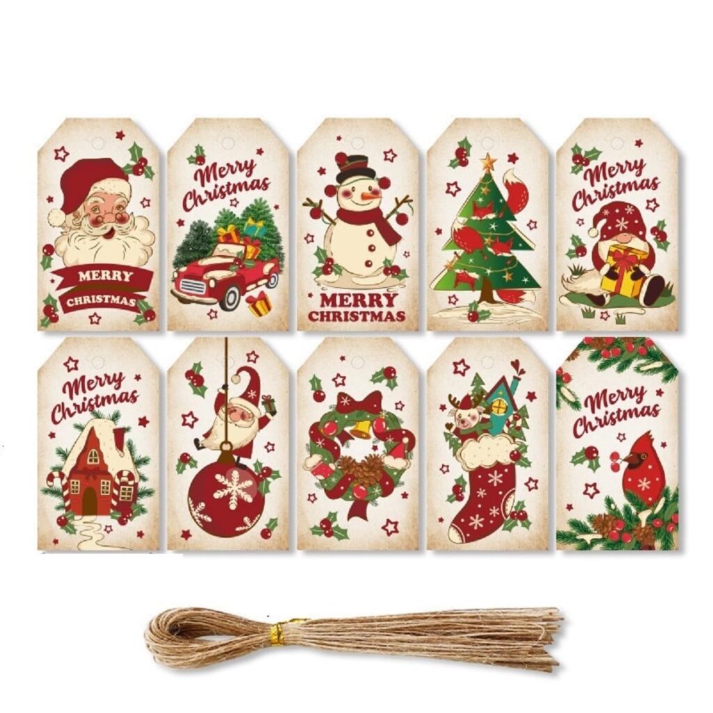 Christmas Tags 50 Pcs Set with String Snowy Scene Gift Xmas Hanging Present Craft Labels Set 9